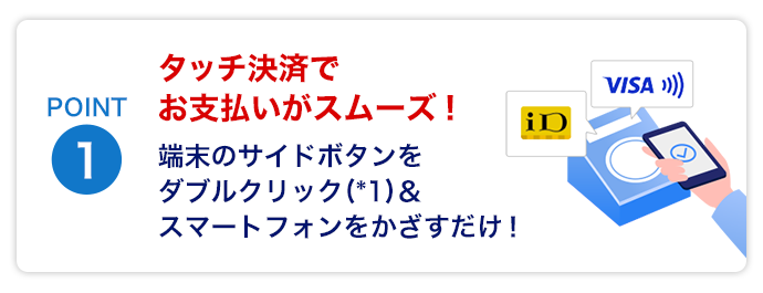 Point1　タッチ決済でお支払いがスムーズ！端末のサイドボタンをダブルクリック*1＆スマートフォンをかざすだけ！