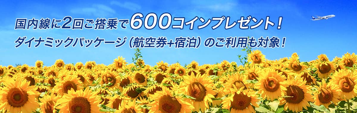 国内線に2回ご搭乗で600コインプレゼント！ダイナミックパッケージ（航空券+宿泊）のご利用も対象！