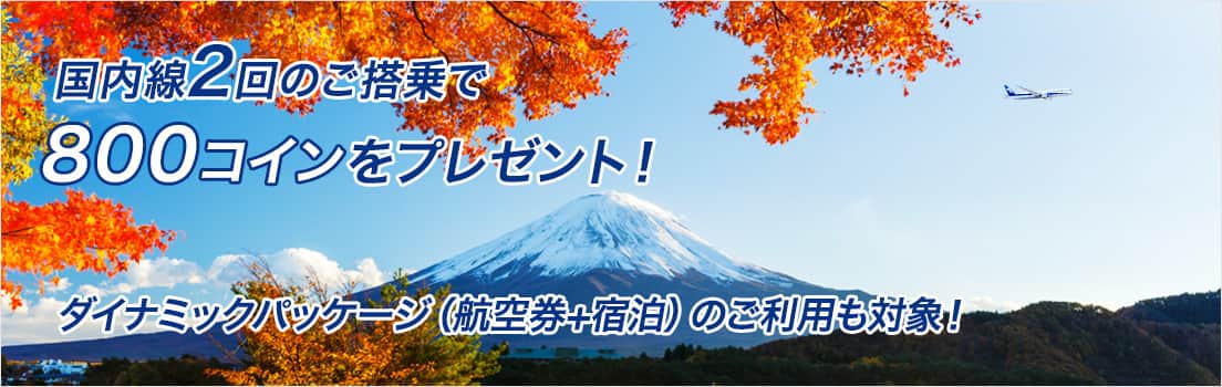 国内線2回のご搭乗で800コインをプレゼント！ダイナミックパッケージ（航空券+宿泊）のご利用も対象！