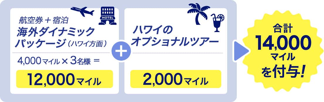 ご利用の商品　航空券＋宿泊「海外ダイナミックパッケージ」（ハワイ方面） 4,000マイル×3名様＝12,000マイル＋ハワイのオプショナルツアー2,000マイル　合計14.000マイルを付与！