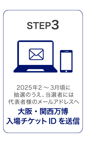 STEP3　2025年2～3月頃に抽選のうえ、当選者には代表者様のメールアドレスへ大阪・関西万博入場チケットIDを送信