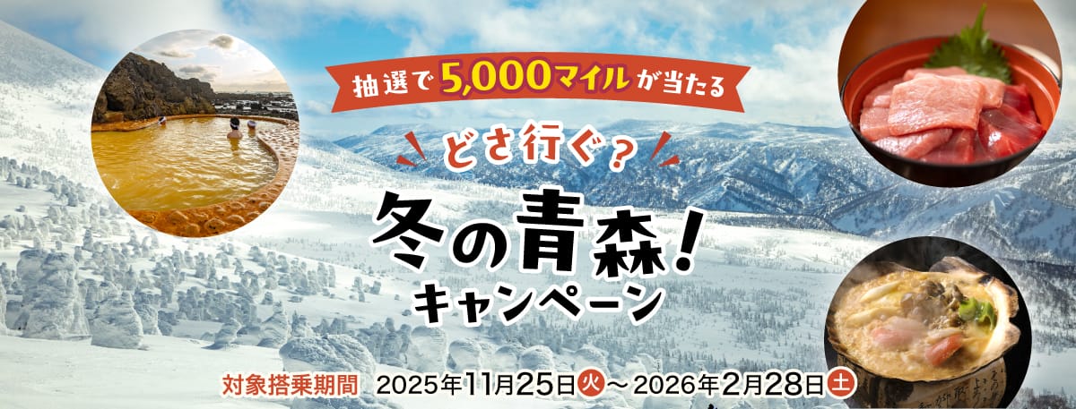 抽選で5,000マイルが当たる どさ行ぐ？冬の青森！キャンペーン 対象搭乗期間：2025年11月25日（火）～2026年2月28日（土）