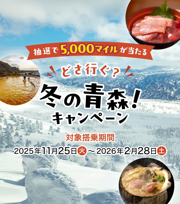 抽選で5,000マイルが当たる どさ行ぐ？冬の青森！キャンペーン 対象搭乗期間：2025年11月25日（火）～2026年2月28日（土）