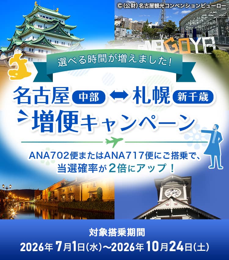 選べる時間が増えました！ 名古屋（中部）～札幌（新千歳）増便キャンペーン ANA702便またはANA717便にご搭乗で、当選確率が2倍にアップ！ 対象搭乗期間：2026年7月1日（水）～2026年10月24日（土）