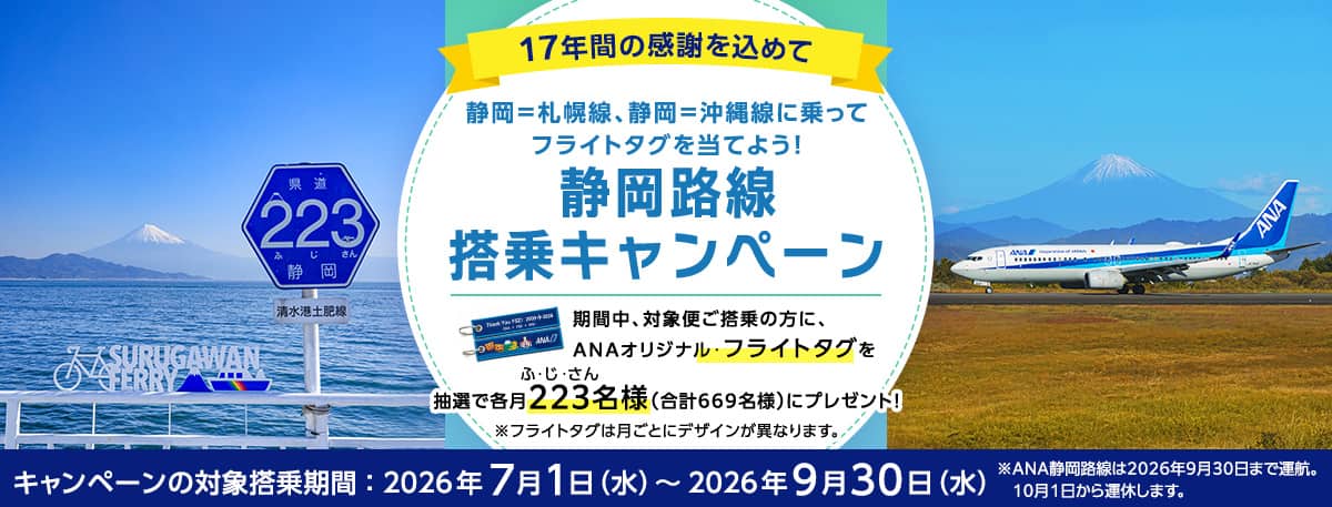 17年間の感謝を込めて 静岡＝札幌線、静岡＝沖縄線に乗ってフライトタグを当てよう！ 静岡路線搭乗キャンペーン 期間中、対象便ご搭乗の方に、ANAオリジナル・フライトタグを抽選で各月223名様（合計669名様）にプレゼント！※フライトタグは月ごとにデザインが異なります。 キャンペーンの対象搭乗期間2026年7月1日（水）～2026年9月30日（水）※ANA静岡路線は2026年9月30日まで運航。10月1日から運休します。