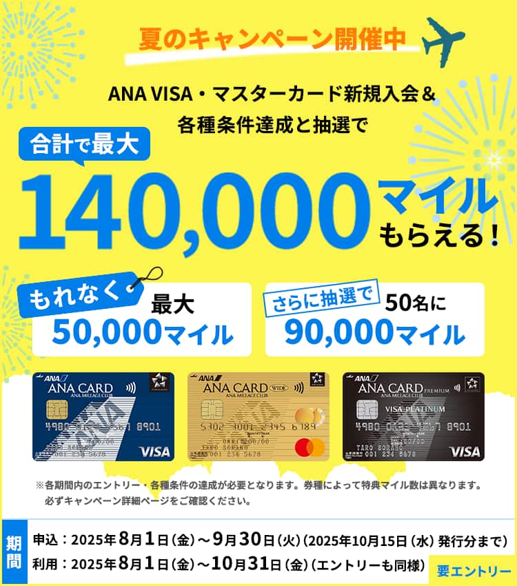 夏のキャンペーン開催中。ANA VISA・マスターカード新規入会＆各種条件達成と抽選でもれなく最大50,000マイル。さらに抽選で50名に90,000マイル。合計で最大140,000マイルもらえる！要エントリー。各期間内のエントリー・各種条件の達成が必要となります。券種によって特典マイル数は異なります。必ずキャンペーン詳細ページをご確認ください。申込期間2025年8月1日（金）から9月30日（火）まで（2025年10月15日（水）発行分まで）利用期間2025年8月1日（金）から10月31日（金）まで（エントリーも同様）