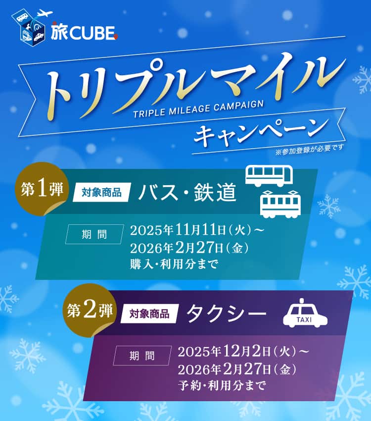 旅CUBE　トリプルマイルキャンペーン　第1弾　対象商品：バス・鉄道　期間：2025年11月11日（火）～2026年2月27日（金）購入・利用分まで　第2弾　対象商品：タクシー　期間：2025年12月2日（火）～2026年2月27日（金）予約・利用分まで