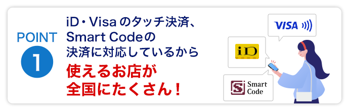 POINT1　iD・Visaのタッチ決済、Smart Codeの決済に対応しているから、使えるお店が全国にたくさん！