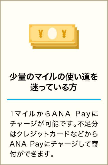 少量のマイルの使い道を迷っている方 1マイルからANA Payにチャージが可能です。不足分はクレジットカードなどからANA Payにチャージして寄付ができます。