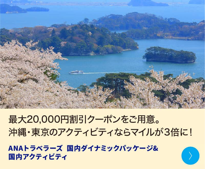 最大20,000円割引クーポンをご用意。沖縄・東京のアクティビティならマイルが3倍に！ ANAトラベラーズ 国内ダイナミックパッケージ＆国内アクティビティ
