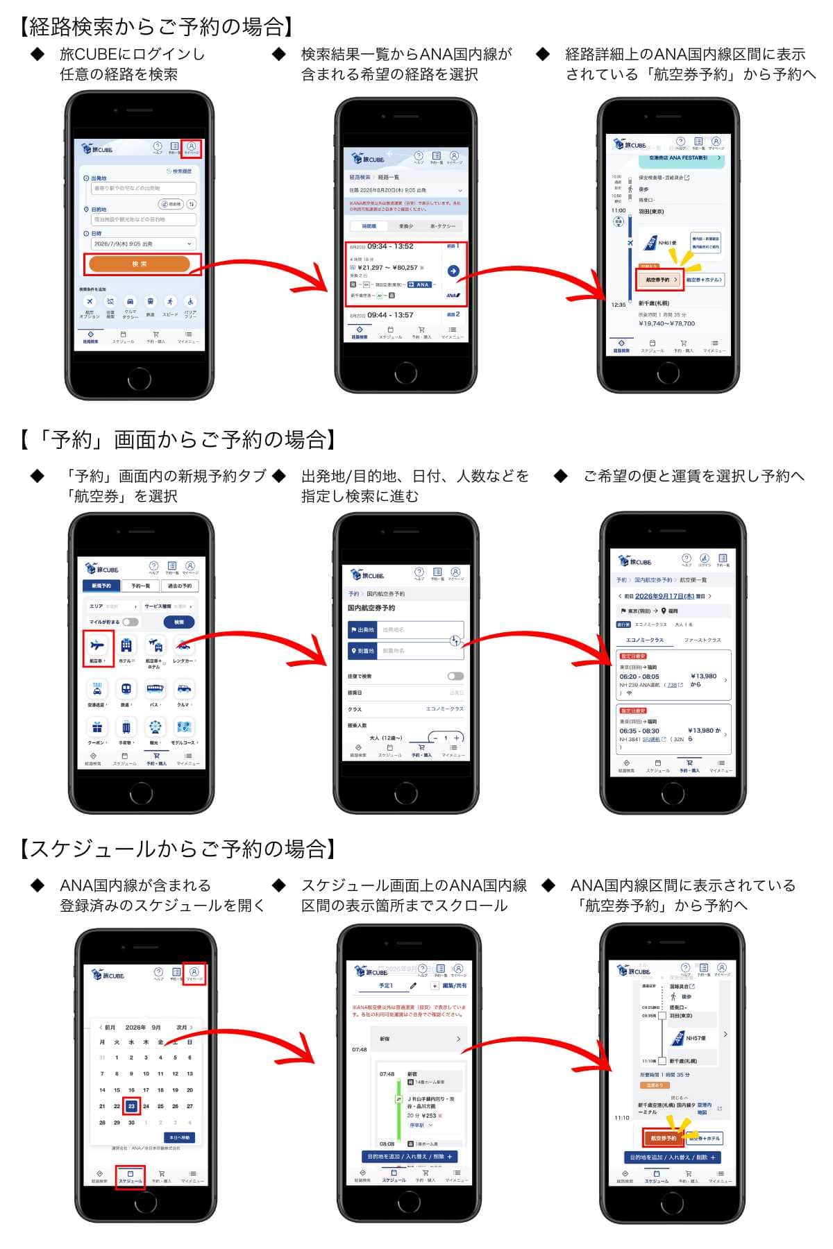 「経路検索からご予約の場合」：旅CUBEにログインし任意の経路を検索 検索結果一覧からANA国内線が含まれる希望の経路を選択 経路詳細上のANA国内線区間に表示されている「航空券予約」から予約へ 「「予約」画面からご予約の場合」：「予約」画面内の新規予約タブ「航空券」を選択 出発地/目的地、日付、人数などを指定し検索に進む ご希望の便と運賃を選択し予約へ 「スケジュールからご予約の場合」：ANA国内線が含まれる登録済みのスケジュールを開く スケジュール画面上のANA国内線区間の表示箇所までスクロール ANA国内線区間に表示されている「航空券予約」から予約へ
