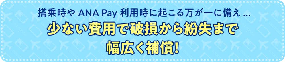 搭乗時やANA Pay利用時に起こる万が一に備え　少ない費用で破損から紛失まで幅広く補償！
