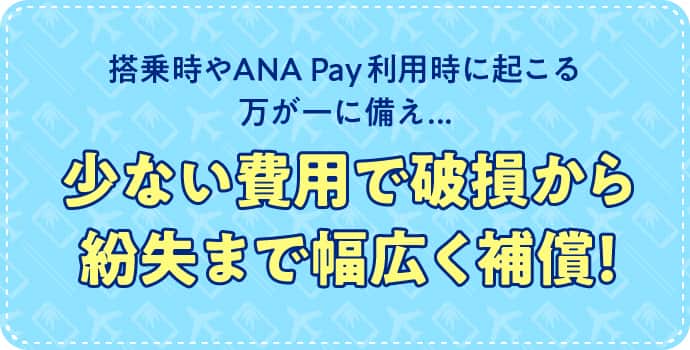 搭乗時やANA Pay利用時に起こる万が一に備え　少ない費用で破損から紛失まで幅広く補償！