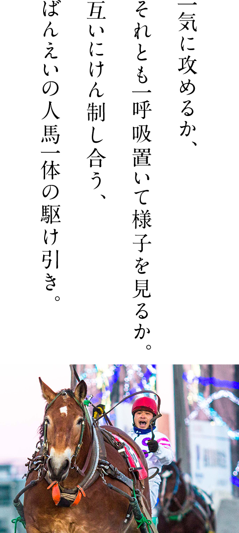 一気に攻めるか、それとも一呼吸置いて様子を見るか。互いにけん制し合う、ばんえいの人馬一体の駆け引き。