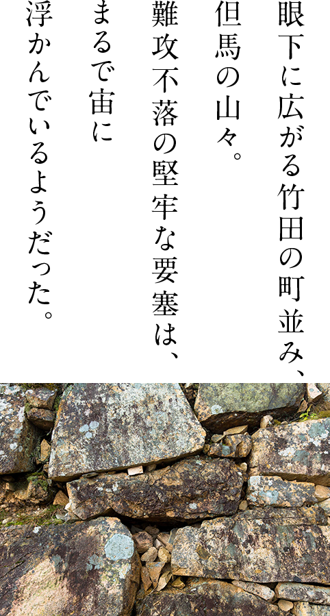 眼下に広がる竹田の町並み、但馬の山々。難攻不落の堅牢な要塞は、まるで宙に浮かんでいるようだった。