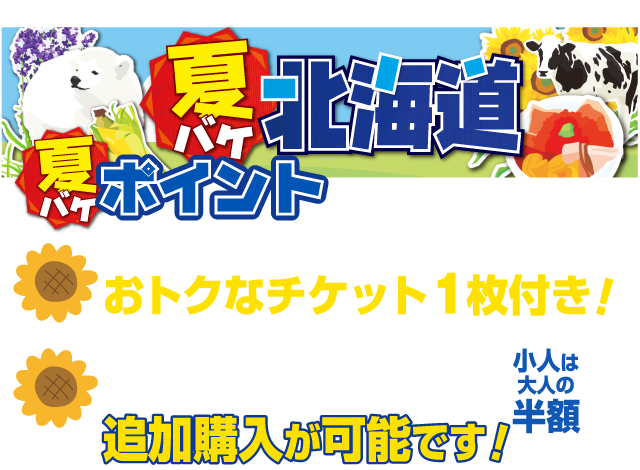 夏バケ北海道
ポイント
夕食やアクティビティ等で使えるおトクなチケット1枚付き！