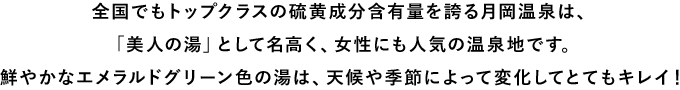 全国でもトップクラスの硫黄成分含有量を誇る月岡温泉は、「美人の湯」として名高く、女性にも人気の温泉地です。鮮やかなエメラルドグリーン色の湯は、天候や季節によって変化してとてもキレイ!
