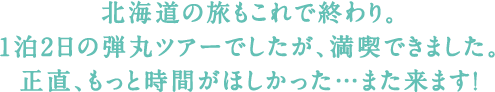 北海道の旅もこれで終わり。1泊2日の弾丸ツアーでしたが、満喫できました。正直、もっと時間がほしかった…また来ます!