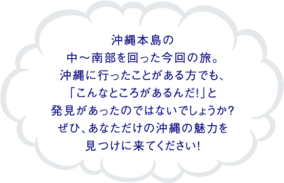 沖縄本島の中～南部を回った今回の旅。沖縄に行ったことがある方でも、「こんなところがあるんだ！」と発見があったのではないでしょうか？ぜひ、あなただけの沖縄の魅力を見つけに来てください!