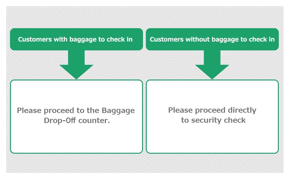 Penumpang yang telah menyelesaikan proses check-in secara online dan membawa bagasi yang harus didaftarkan harus mengunjungi "Loket bagasi." Penumpang yang tak memiliki bagasi untuk didaftarkan, silahkan langsung menuju tempat pemeriksaan keamanan.