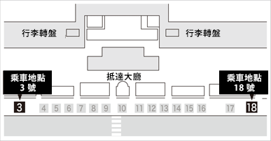 國內線第 1 航廈 1 樓 (抵達大廳) 3 號或 18 號 地圖