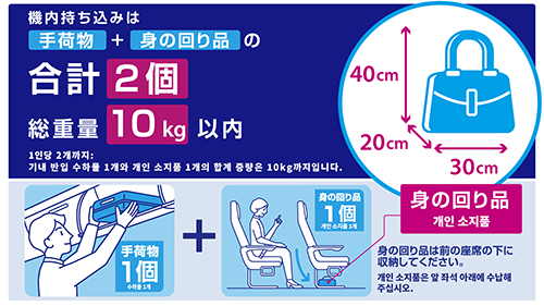 기내 반입은 수하물+개인 소지품 합계 2개 / 총 중량 10kg 이내 / 개인 소지품은 앞 좌석 아래에 수납해 주십시오.