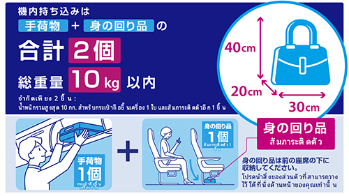 จำกัดเพียง 2 ชิ้น : น้ำหนักรวมสูงสุด 10 กก. สำหรับกระเป๋าถือขึ้นเครื่อง 1 ใบ และสัมภาระติดตัวอีก 1 ชิ้น โปรดนำสิ่งของส่วนตัวที่สามารถวางไว้ใต้ที่นั่งด้านหน้าของท่านเท่านั้น