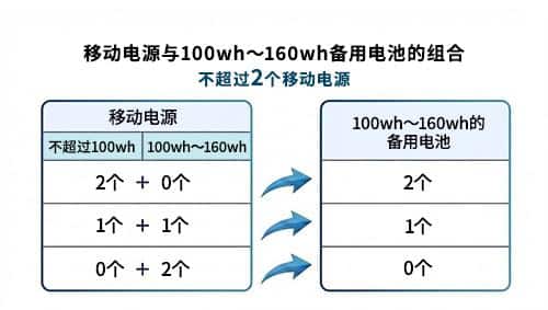可作为手提行李携带登机的备用电池有个数限制。携带2个100Wh～不超过160Wh的移动电源时：不超过2个　携带不超过100Wh和100Wh～不超过160Wh各1个时：不超过1个　携带2个100Wh～不超过160Wh时：不可携带登机