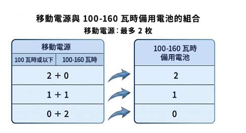 備用電池的隨身攜帶限制：兩個 100-160 瓦時的移動電源：最多允許 2 個。一個低於 100 瓦時及一個 100-160 瓦時的移動電源：最多允許 1 個。兩個 100-160 瓦時的移動電源：不允許。