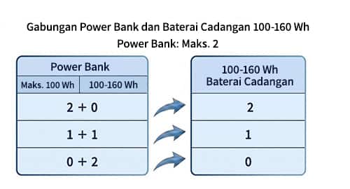 Batas bagasi jinjing untuk baterai cadangan: Dua power bank 100–160 Wh: Diizinkan maksimal 2. Satu di bawah 100 Wh dan satu power bank 100–160 Wh: Diizinkan maksimal 1. Dua power bank 100–160 Wh: Tidak diizinkan.
