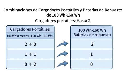 Límites en equipaje de mano para baterías de repuesto: Dos cargadores portátiles de 100-160 Wh: Se permiten hasta 2. Un cargador portátil con menos de 100 Wh y uno de 100 a 160 Wh: Se permiten hasta 1. Dos cargadores portátiles de 100-160 Wh: No permitido.