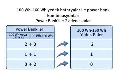 Yedek piller için kabin bagajı limitleri: 100–160 Wh arası iki power bank: En fazla 2 adede izin verilir. 100 Wh'nin altında bir power bank ve 100–160 Wh arası bir power bank: En fazla 2 adede izin verilir. 100–160 Wh arası iki power bank: İzin verilmez.