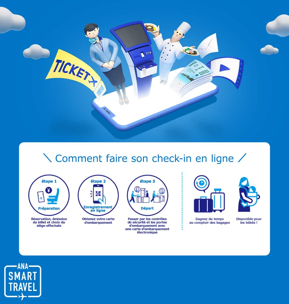Let's Online Check-in. Step 1. Preparation: Completed reservation, ticket issue, and seat reservation. Step 2. Online Check-in: Receive your Boarding Pass. Step 3. Departure: Through security and boarding gates with a boarding pass. Save time at the baggage counter. Available for infants!
