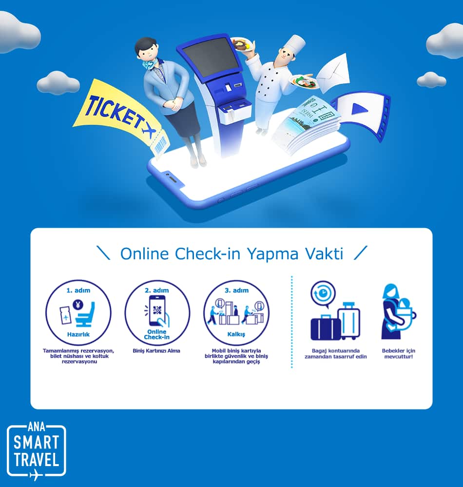 Let's Online Check-in. Step 1. Preparation: Completed reservation, ticket issue, and seat reservation. Step 2. Online Check-in: Receive your Boarding Pass. Step 3. Departure: Through security and boarding gates with a boarding pass. Save time at the baggage counter. Available for infants!