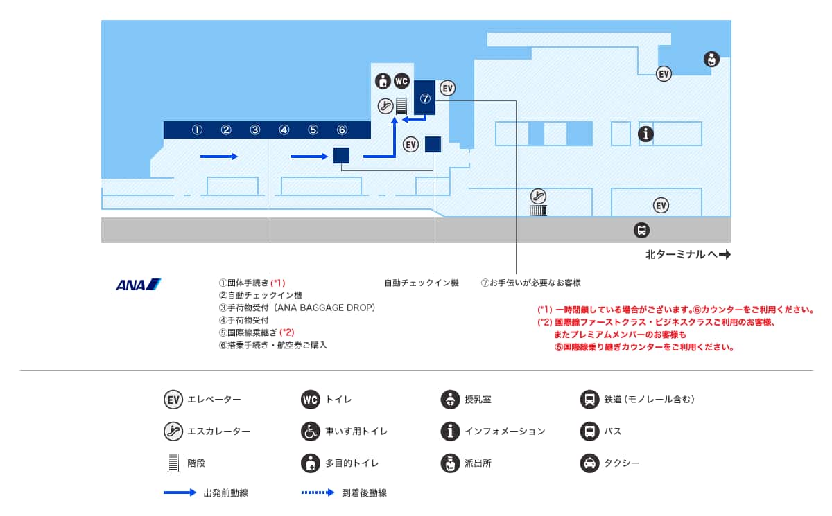 南ターミナル1階 チェックインロビーにあるANA日本国内線カウンター1番に「お手伝いが必要なお客様専用カウンター」がございます。