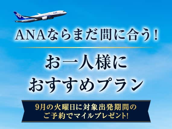 ANAならまだ間に合う！お一人様におすすめプラン　9月の火曜日に対象出発期間のご予約でマイルプレゼント！