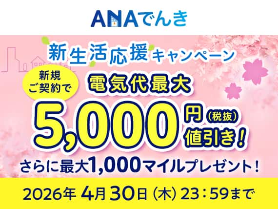 ANAでんき 新生活応援キャンペーン 新規ご契約で 電気代最大5,000円（税抜）値引き！さらに最大1,000マイルプレゼント！2026年4月30日（木） 23:59まで