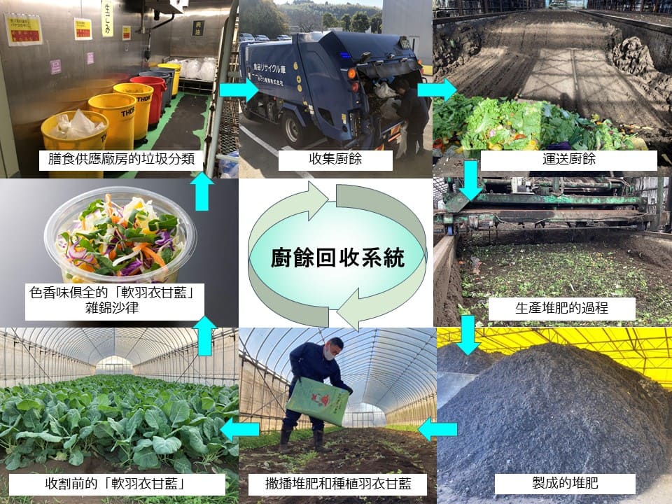 以廚餘種植的羽衣甘藍的過程照片。(1) 膳食供應廠房的垃圾分類，(2) 收集廚餘，(3) 堆肥製作過程，(4) 撒播堆肥和種植羽衣甘藍，及 (5) 收割羽衣甘藍。