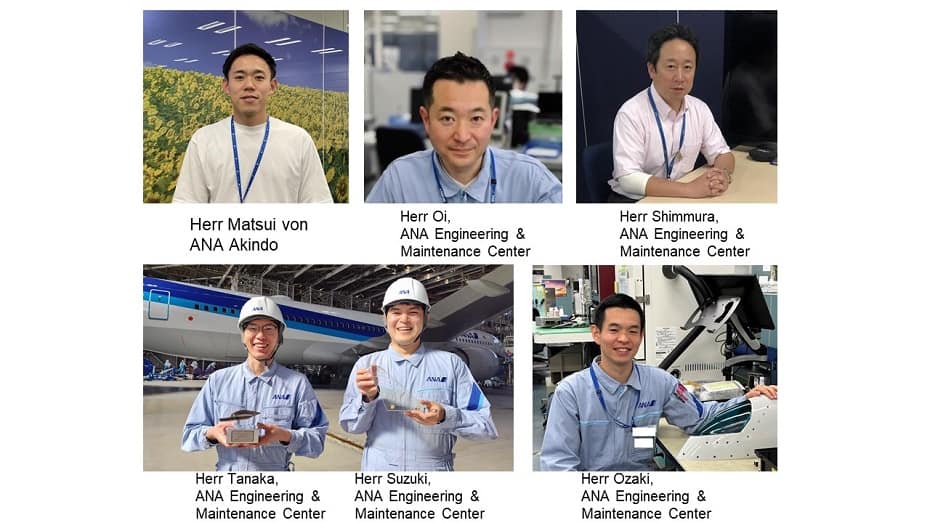 Herr Matsui von ANA Akindo, Herr Oi, Herr Shimmura, Herr Tanaka, Herr Suzuki und Herr Ozaki vom ANA Engineering & Maintenance Center
