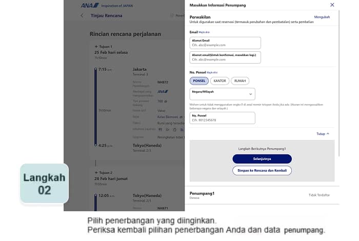 Pilih penerbangan yang diinginkan. Periksa kembali pilihan penerbangan Anda dan data penumpang.