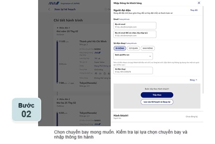 Chọn chuyến bay mong muốn. Kiểm tra lại lựa chọn chuyến bay và nhập thông tin hành khách.