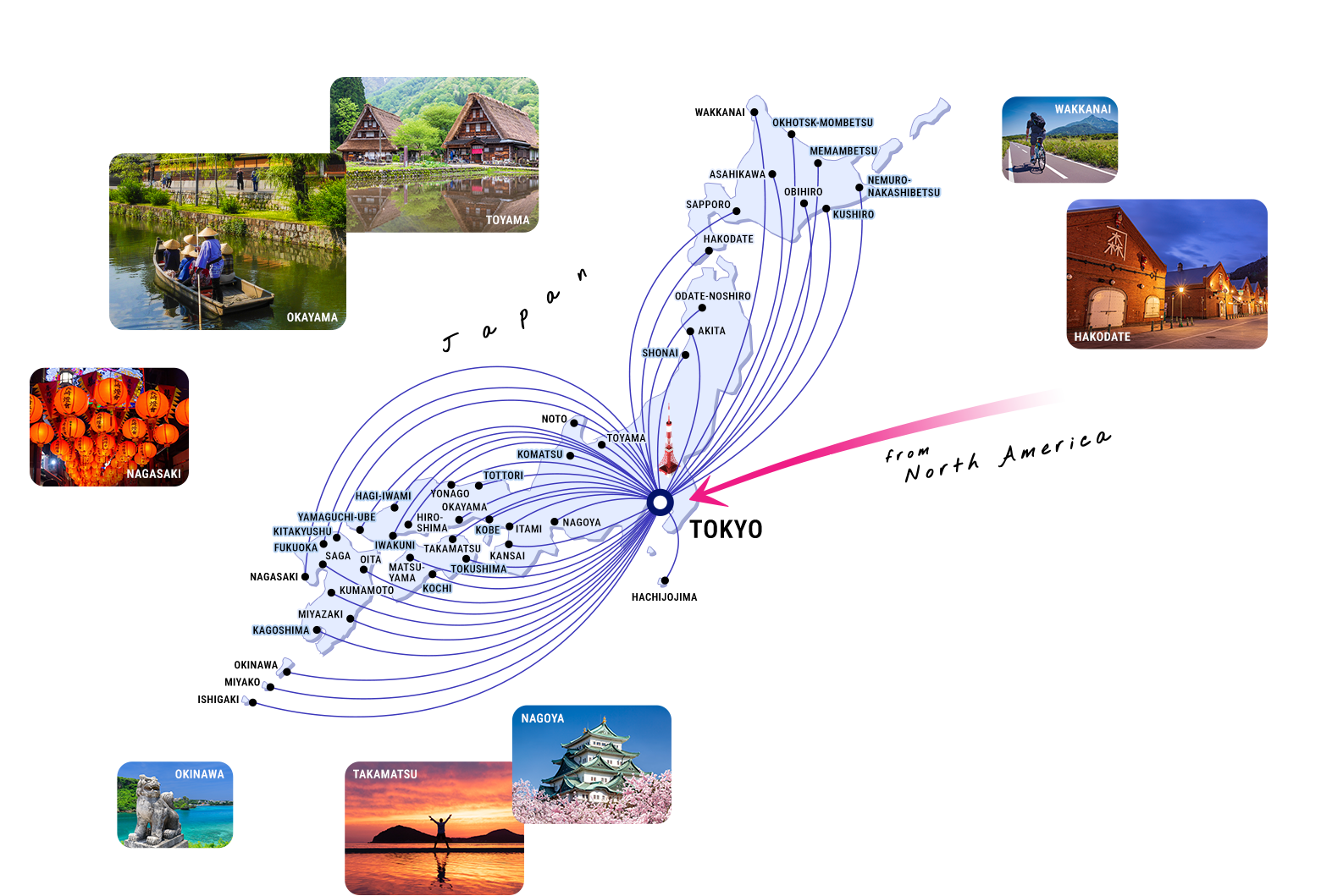 Through Tokyo, ANA provides seamless connection from U.S.A. to more than 50 airports across Japan