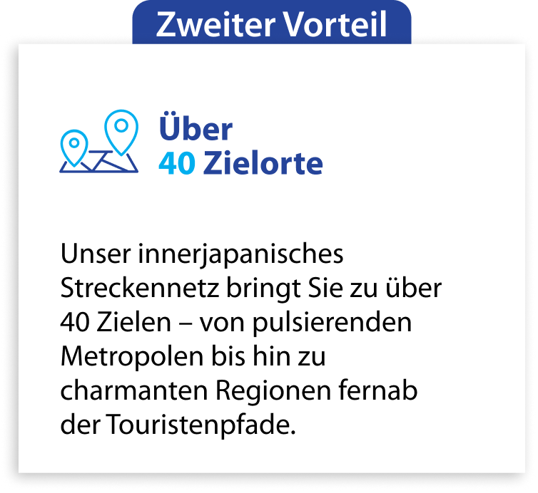 Zweiter Vorteil Über 40 Zielorte Unser innerjapanisches Streckennetz bringt Sie zu über 40 Zielen – von pulsierenden Metropolen bis hin zu charmanten Regionen fernab der Touristenpfade.