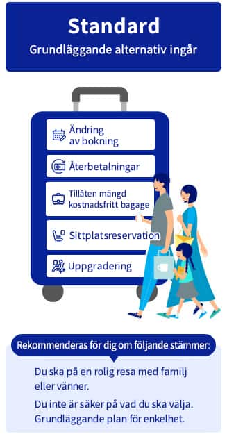 ”Standard” – grundläggande alternativ ingår. Alternativ för ändring av bokning, återbetalning, sittplatsreservation, uppgradering, tillåten mängd kostnadsfritt bagage finns. Rekommenderas för dig om: Du ska på en rolig resa med familj eller vänner. Du inte är säker på vad du ska välja. Grundläggande plan för enkelhet.