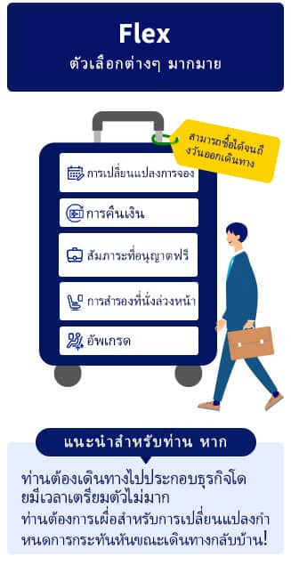 แนะนำตัวเลือก "Flex" ตัวเลือกที่มีออปชั่นมากมาย รวมทั้งการเปลี่ยนแปลงการจอง การคืนเงิน การจองที่นั่งล่วงหน้า การอัพเกรด การเพิ่มน้ำหนักสัมภาระฟรี! หาก... ท่านต้องเดินทางไปประกอบธุรกิจโดยมีเวลาเตรียมตัวไม่มาก ท่านต้องการเผื่อสำหรับการเปลี่ยนแปลงกำหนดการกระทันหันขณะเดินทางกลับบ้าน!
