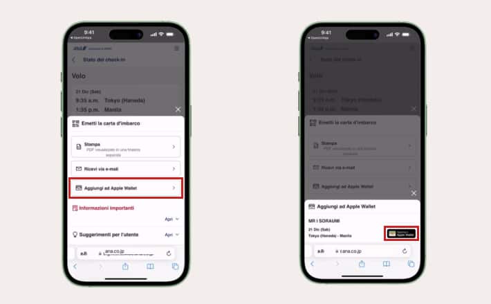 Schermata del check-in online
