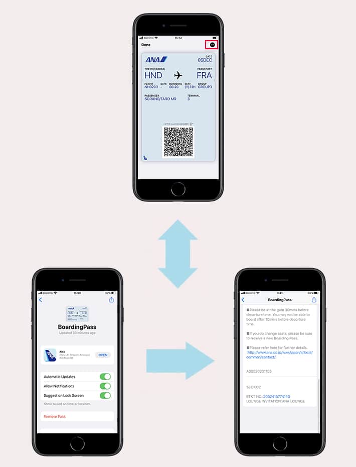 ภาพอธิบายวิธีการแสดงด้านหลังและด้านหน้าของบัตรโดยสาร