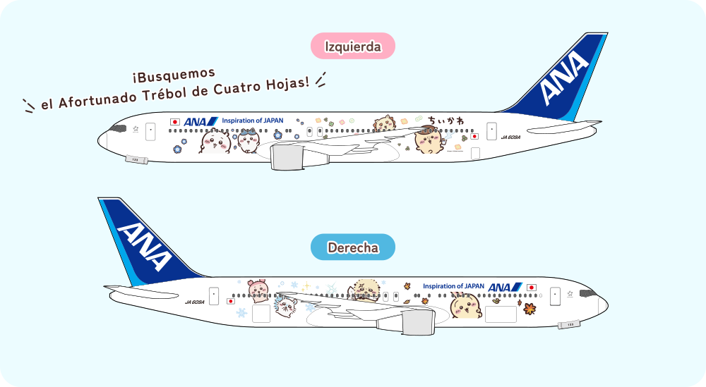 Ilustración de una funda para reposacabezas original de ANA con temática de Chiikawa. El texto “¡Vamos a volar juntos con Chiikawa!” y los personajes como Chiikawa, Hachiware y Usagi.