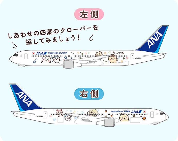 ちいかわとANAの特別塗装機デザインのイラスト。機体の左右に異なるキャラクターが描かれている。