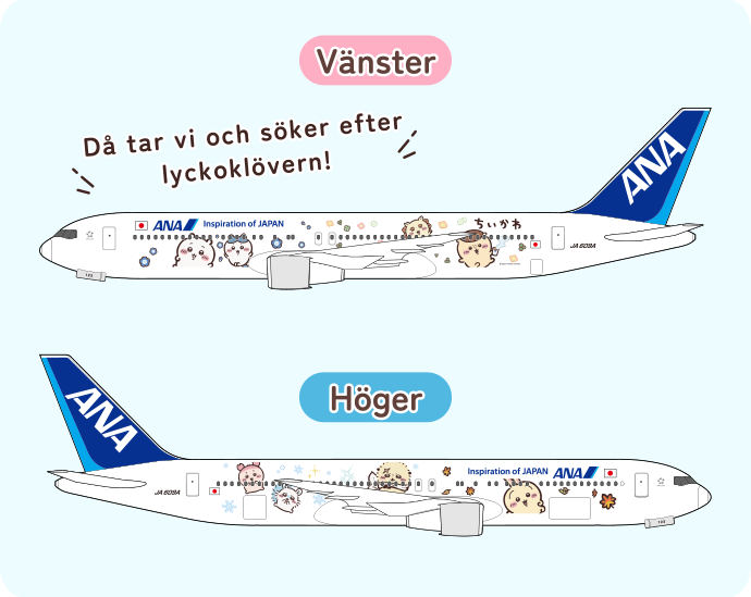 En illustration av ett ANA-nackstödsöverdrag med Chiikawa-tema. Texten ”Let's fly together with Chiikawa!” och figurer som Chiikawa, Hachiware och Usagi avbildas.